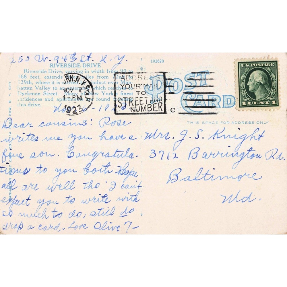 Vintage 1923 Riverside Drive NYC Postcard 95th Street Manhattan View VG- - Picture 2 of 2